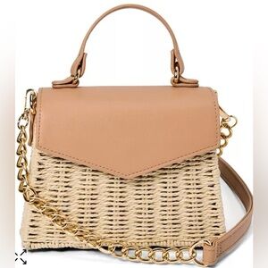 Tan Woven Crossbody Bag with Gold Chain